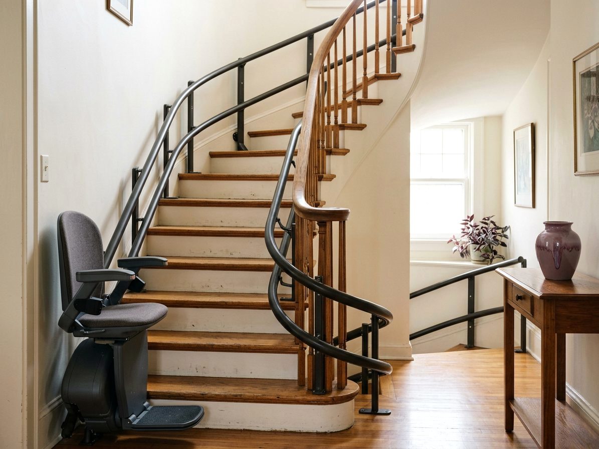 Curved stair elevator rail turning around a landing on wooden stairs