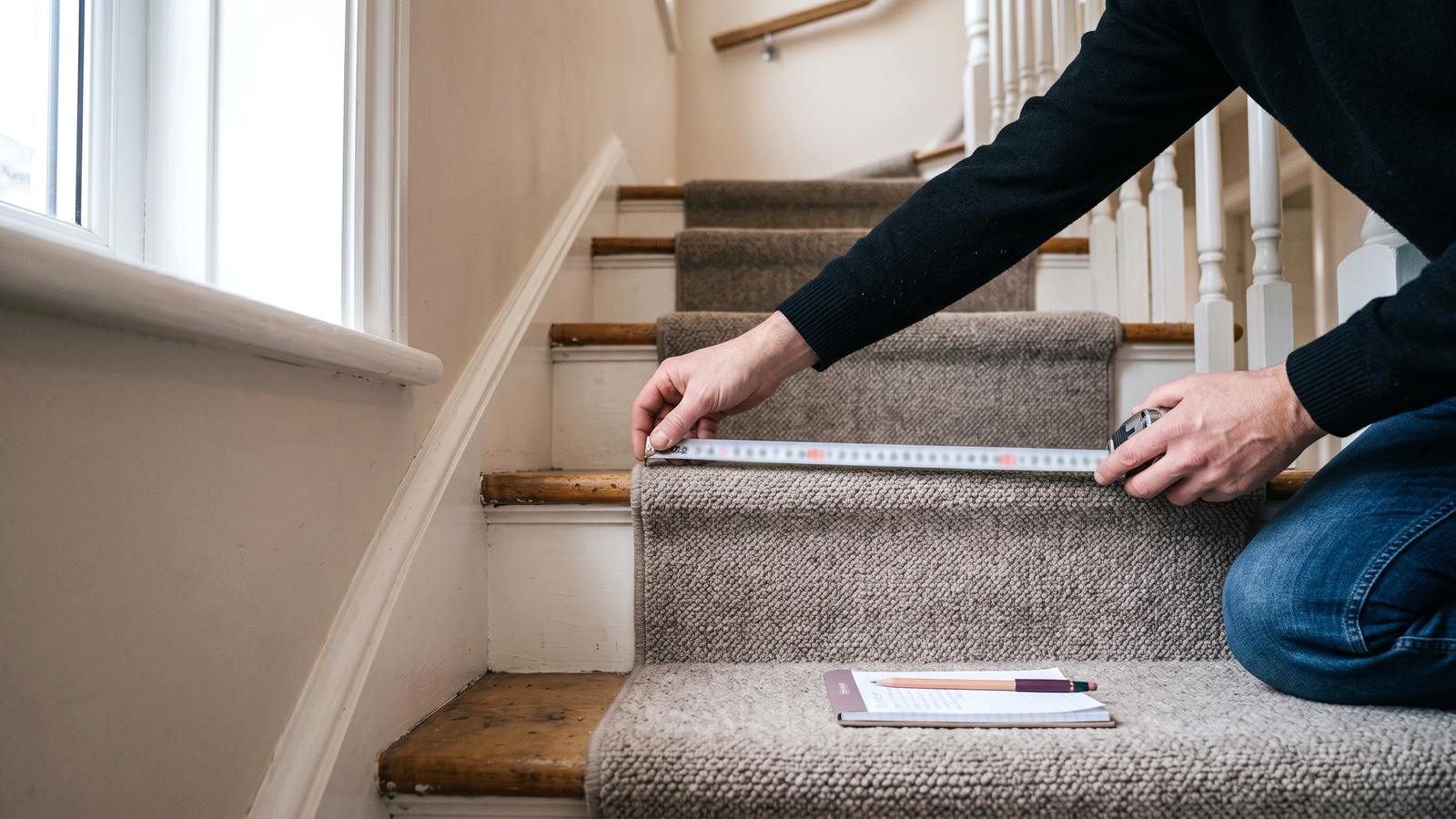 Installer measuring a staircase with a tape for a written stair elevator cost quote