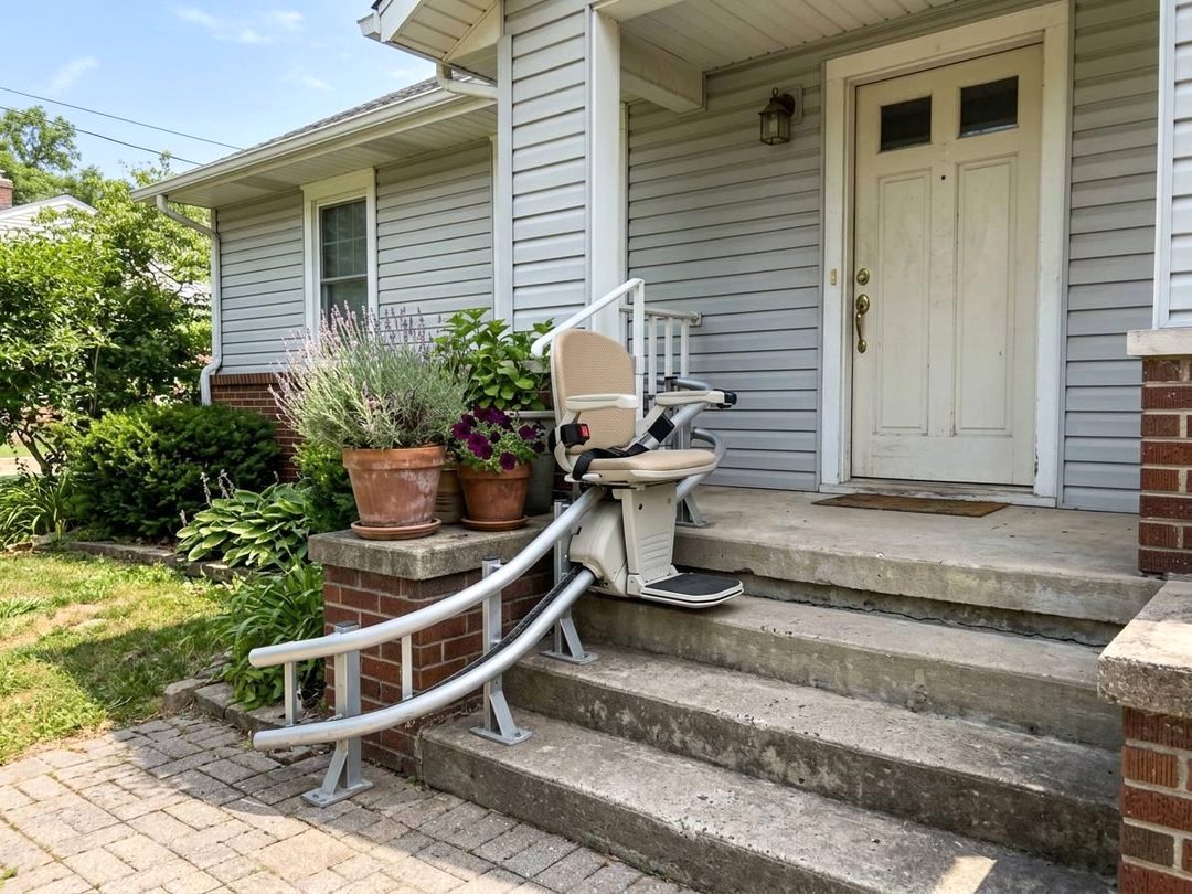Outdoor stair elevator with a cover on porch steps outside a house