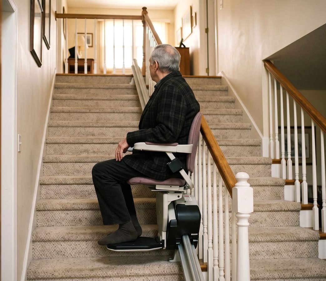 Senior riding a stair elevator up the stairs of a family home