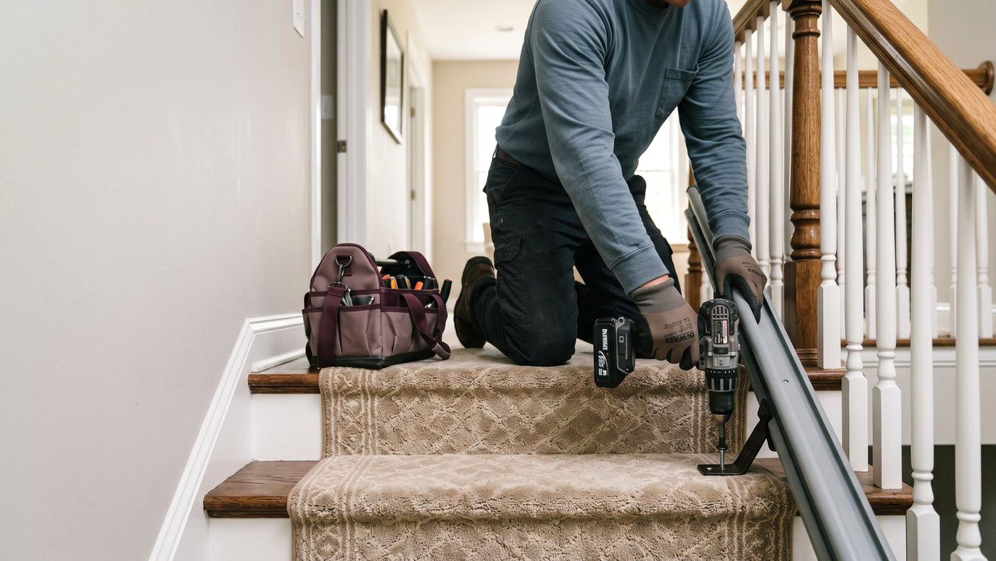 Installer fitting the rail of a rental stair elevator to the stairs