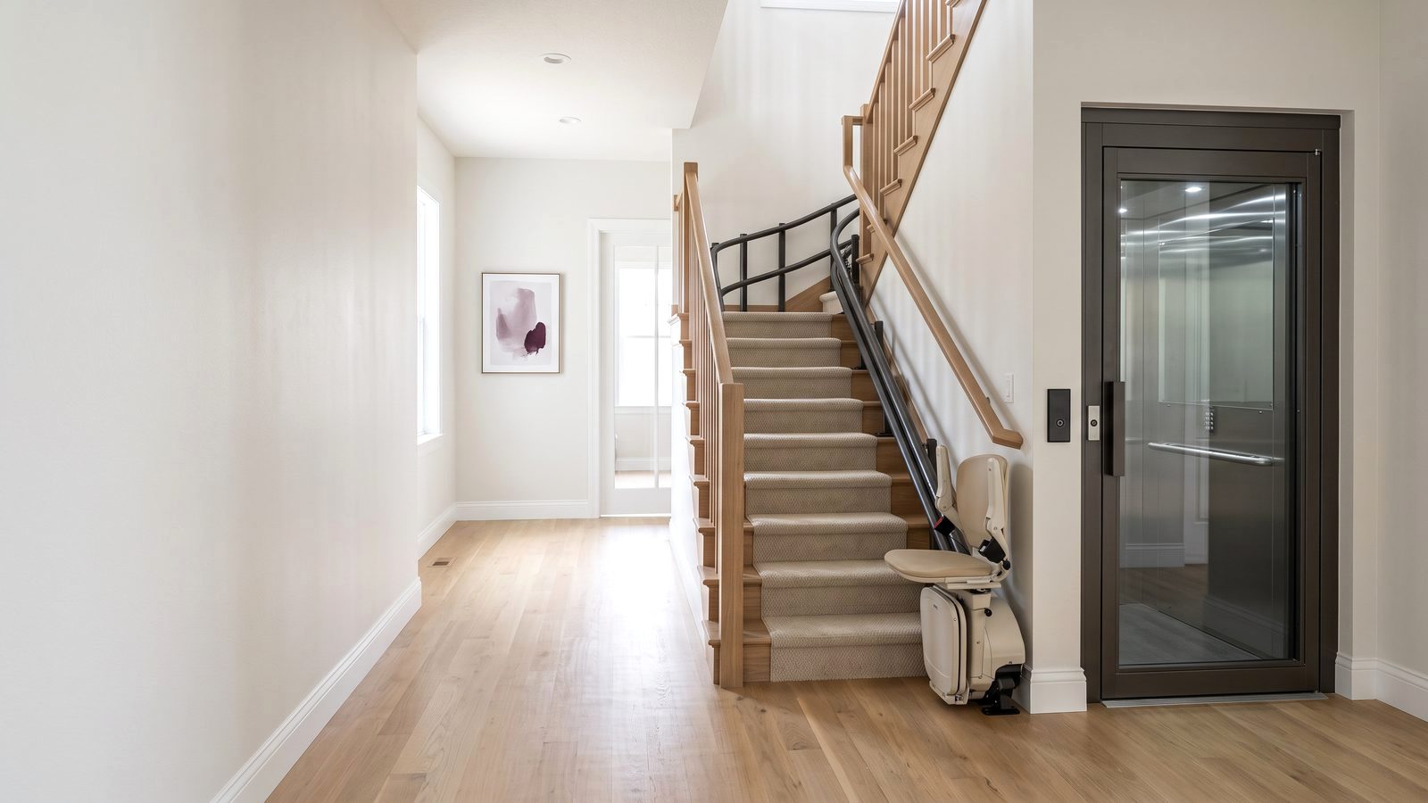 Hallway with a stair lift on the stairs and a home elevator door beside it